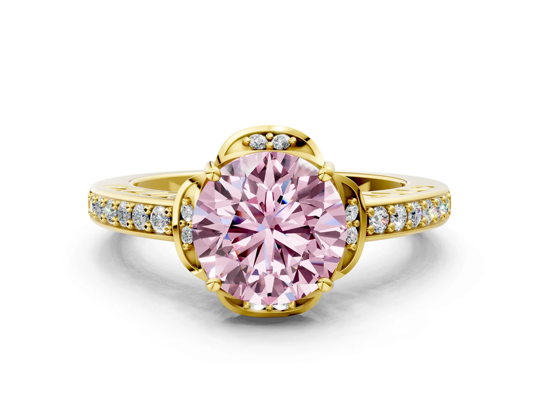 Yellow gold Fancy Pink Round  Cut Halo Diamond Ring with Channel Set Band and Four-Prong Setting_29