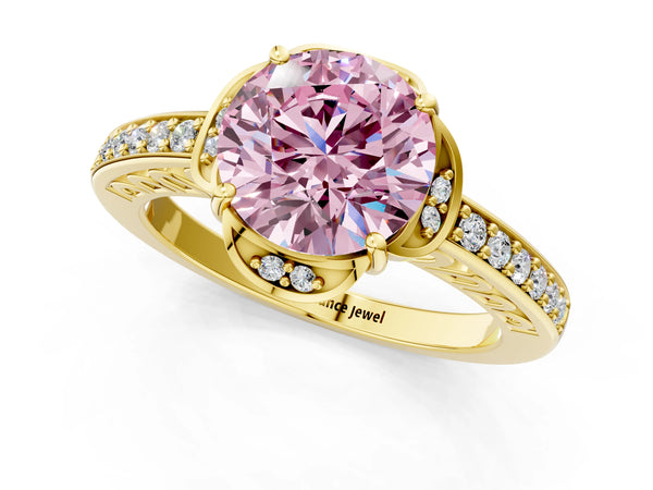 Yellow gold Fancy Pink Round  Cut Halo Diamond Ring with Channel Set Band and Four-Prong Setting