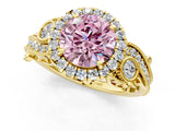 Yellow gold Fancy Pink Round Cut Halo Diamond Ring with Milgrain and Bezel Accents on a Split Shank Band_13