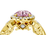 Yellow gold Fancy Pink Round Cut Halo Diamond Ring with Milgrain and Bezel Accents on a Split Shank Band_16