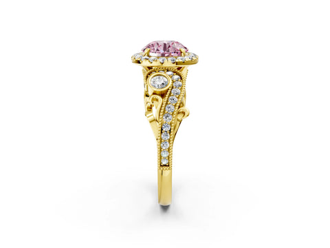 Yellow gold Fancy Pink Round Cut Halo Diamond Ring with Milgrain and Bezel Accents on a Split Shank Band_2