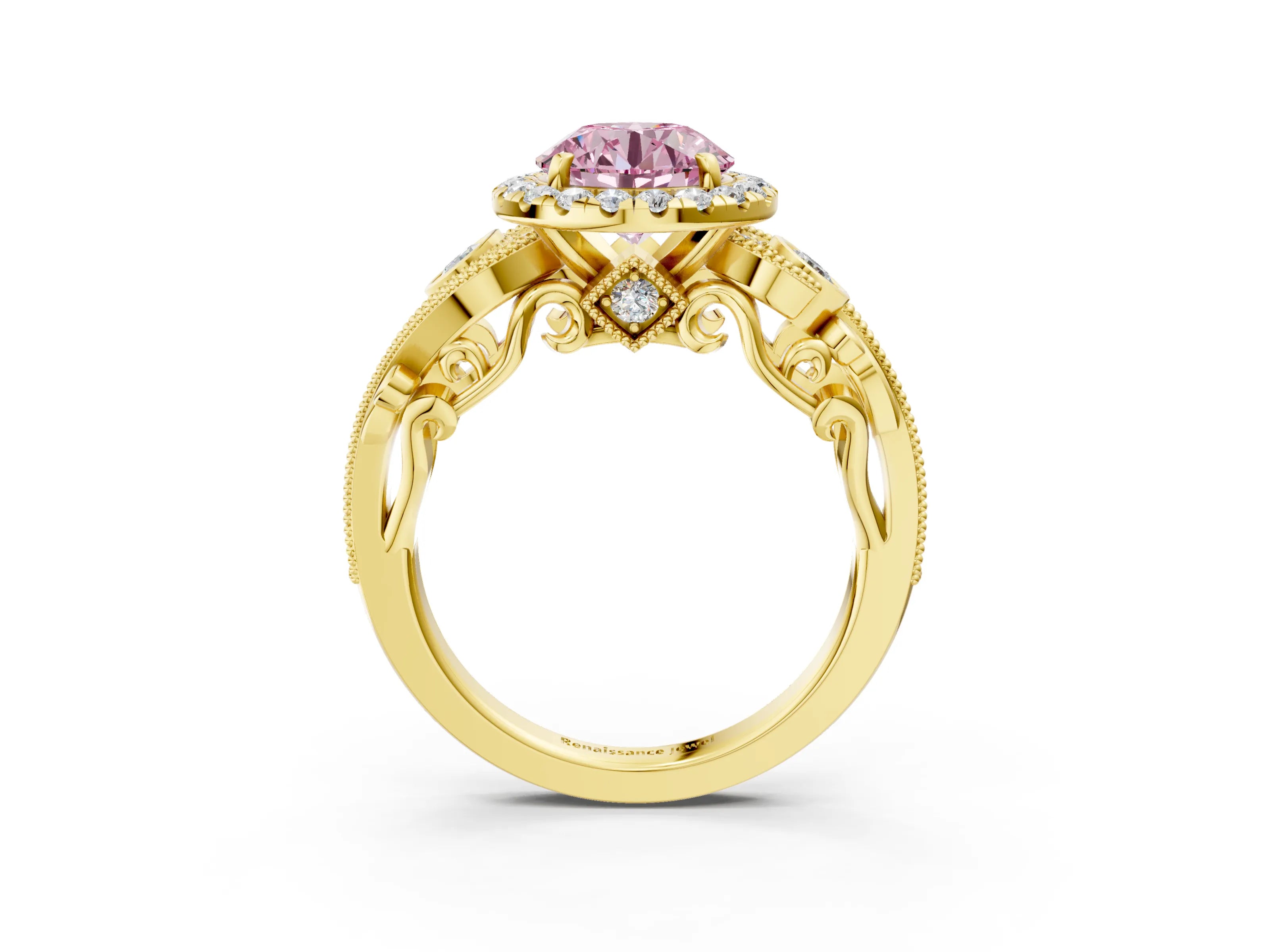 Yellow gold Fancy Pink Round Cut Halo Diamond Ring with Milgrain and Bezel Accents on a Split Shank Band_3