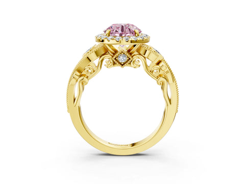 Yellow gold Fancy Pink Round Cut Halo Diamond Ring with Milgrain and Bezel Accents on a Split Shank Band_3