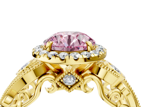 Yellow gold Fancy Pink Round Cut Halo Diamond Ring with Milgrain and Bezel Accents on a Split Shank Band_4