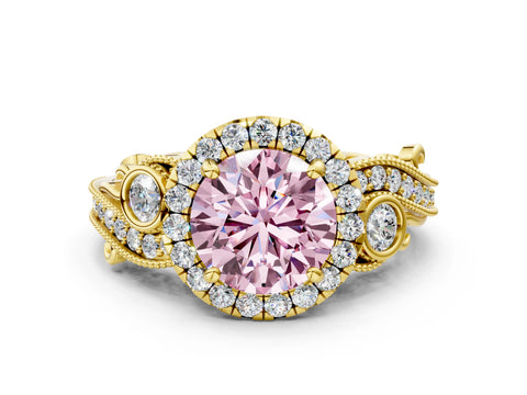 Yellow gold Fancy Pink Round Cut Halo Diamond Ring with Milgrain and Bezel Accents on a Split Shank Band