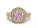 Yellow gold Fancy Pink Round  Cut Halo Diamond Ring with Pavé Band and Four-Prong Setting_29