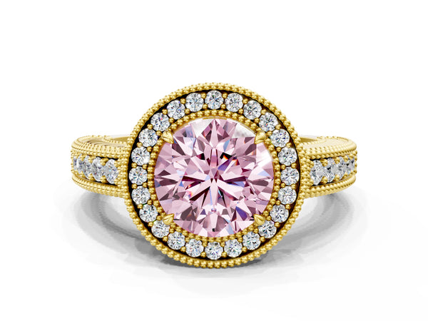 Yellow gold Fancy Pink Round  Cut Halo Diamond Ring with Pavé Band and Four-Prong Setting