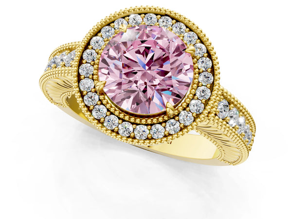 Yellow gold Fancy Pink Round  Cut Halo Diamond Ring with Pavé Band and Four-Prong Setting