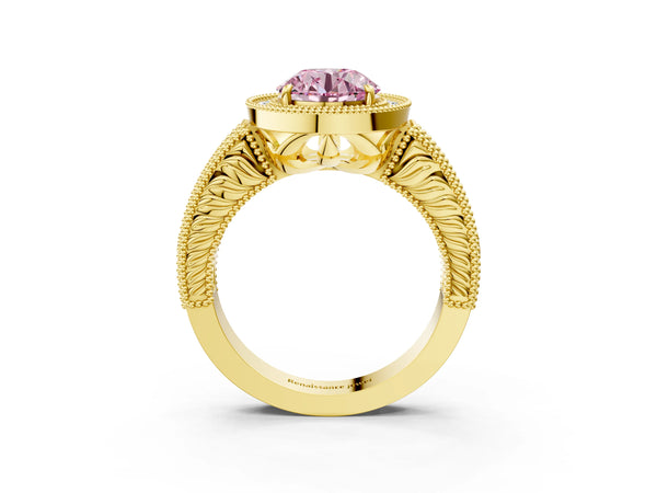 Yellow gold Fancy Pink Round  Cut Halo Diamond Ring with Pavé Band and Four-Prong Setting