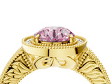 Yellow gold Fancy Pink Round  Cut Halo Diamond Ring with Pavé Band and Four-Prong Setting_33