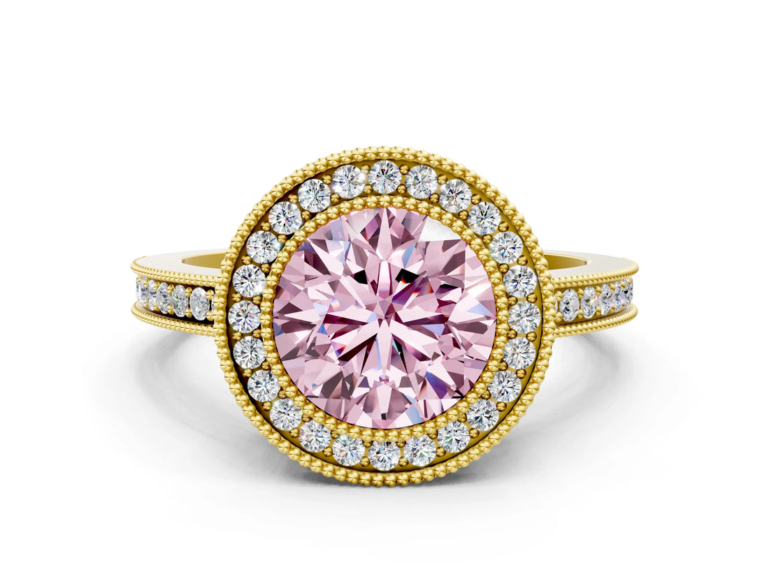 Yellow gold Fancy Pink Round  Cut Halo Diamond Ring with Pavé Band and Milgrain Prong Setting_32