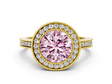 Yellow gold Fancy Pink Round  Cut Halo Diamond Ring with Pavé Band and Milgrain Prong Setting_32