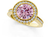 Yellow gold Fancy Pink Round  Cut Halo Diamond Ring with Pavé Band and Milgrain Prong Setting_33