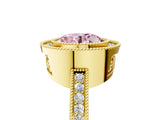 Yellow gold Fancy Pink Round  Cut Halo Diamond Ring with Pavé Band and Milgrain Prong Setting_37