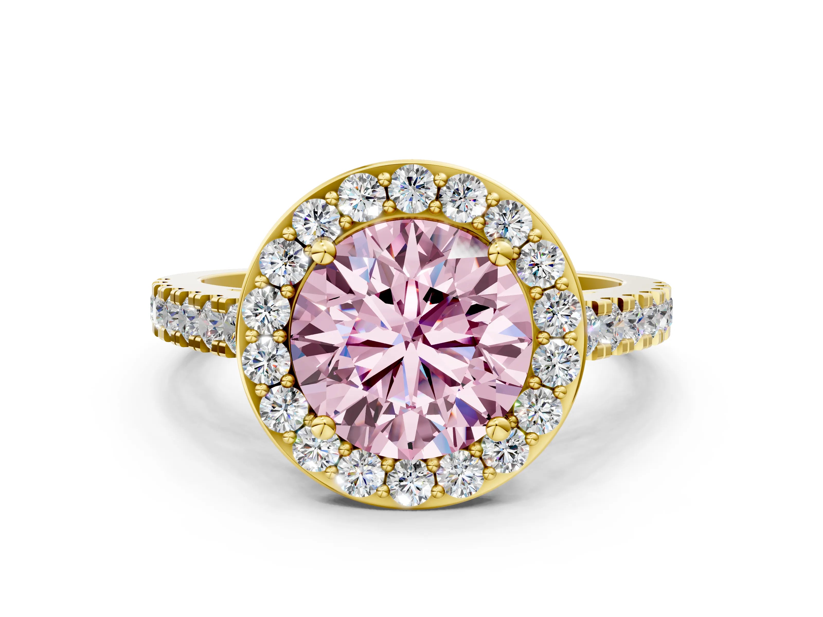 Yellow gold Fancy Pink Round Cut Halo Diamond Ring with Pavé Band and Three-Prong Setting