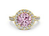 Yellow gold Fancy Pink Round Cut Halo Diamond Ring with Pavé Band and Three-Prong Setting