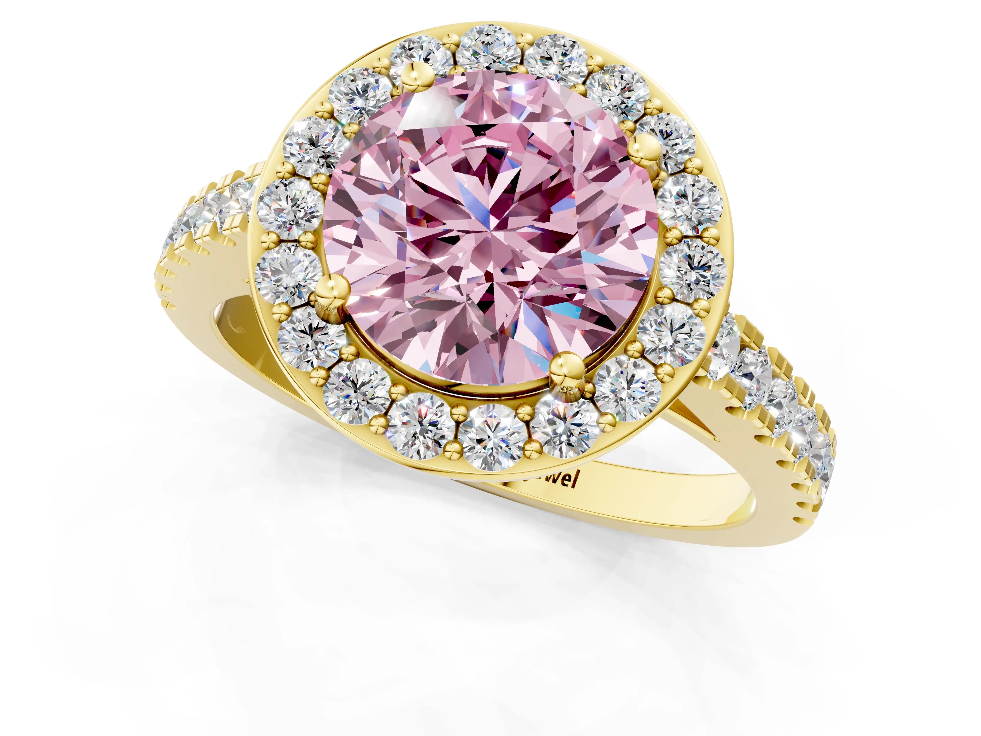 Yellow gold Fancy Pink Round Cut Halo Diamond Ring with Pavé Band and Three-Prong Setting_1