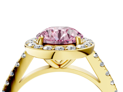 Yellow gold Fancy Pink Round Cut Halo Diamond Ring with Pavé Band and Three-Prong Setting_4
