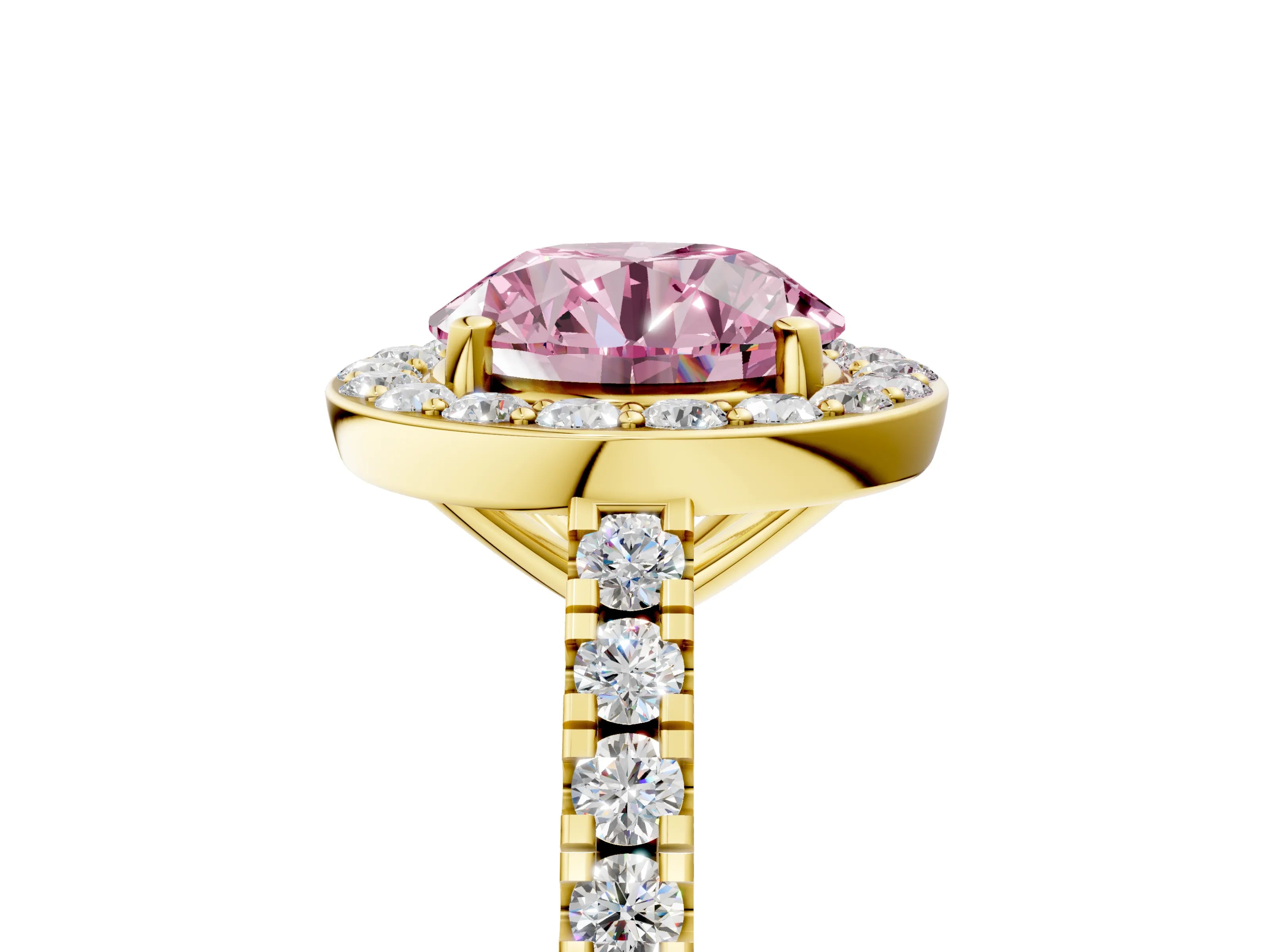 Yellow gold Fancy Pink Round Cut Halo Diamond Ring with Pavé Band and Three-Prong Setting_5