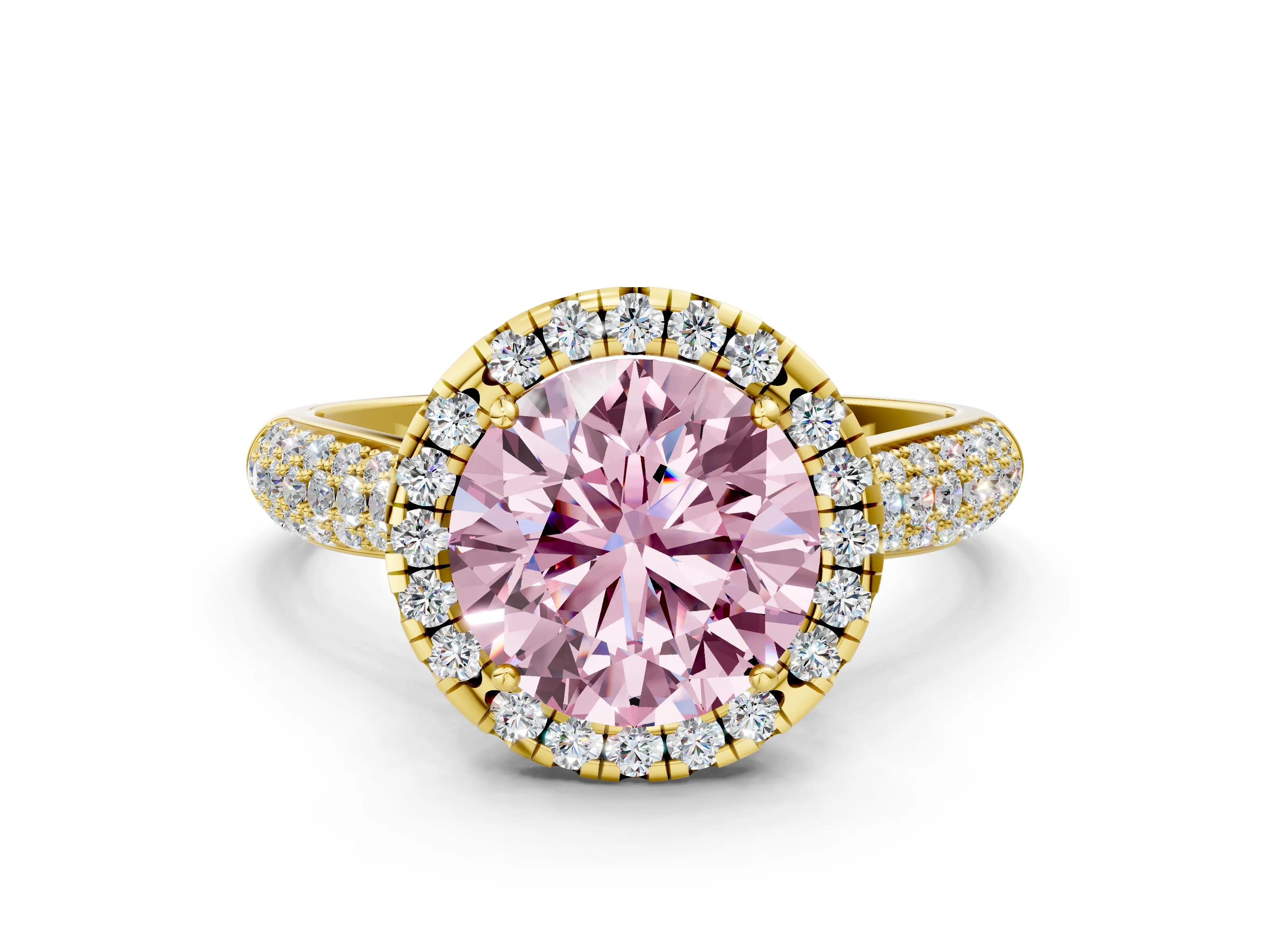 Yellow gold Fancy Pink Round Cut Halo Diamond Ring with Pavé Band