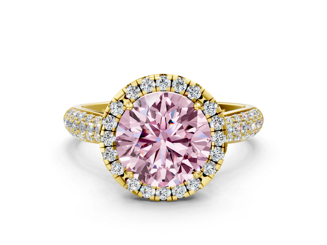 Yellow gold Fancy Pink Round Cut Halo Diamond Ring with Pavé Band