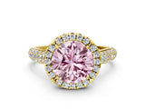 Yellow gold Fancy Pink Round Cut Halo Diamond Ring with Pavé Band