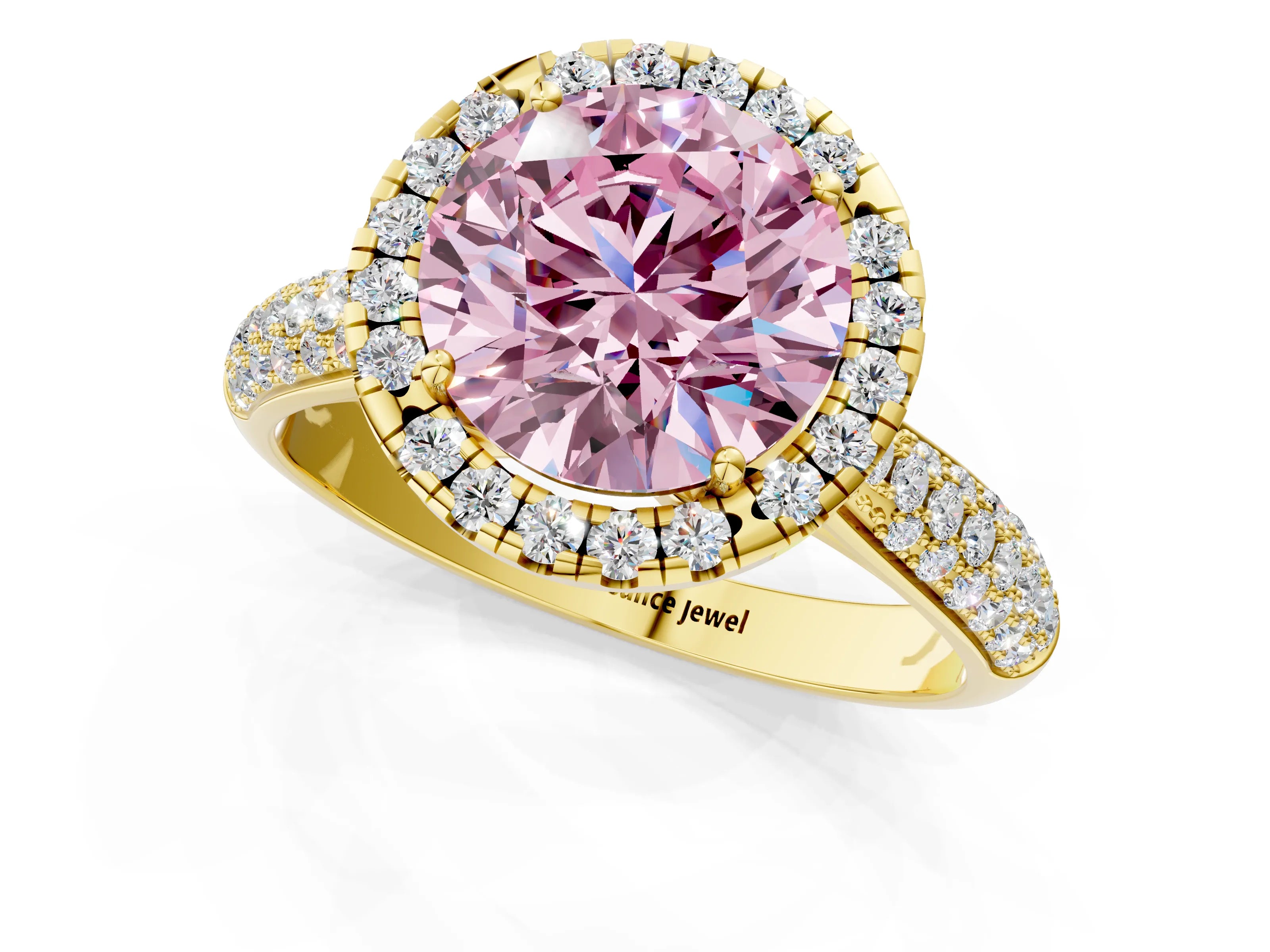 Yellow gold Fancy Pink Round Cut Halo Diamond Ring with Pavé Band_1