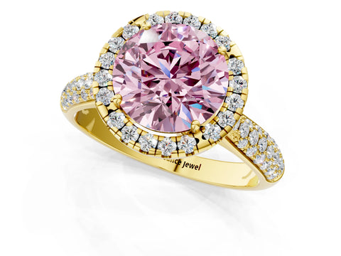 Yellow gold Fancy Pink Round Cut Halo Diamond Ring with Pavé Band_1