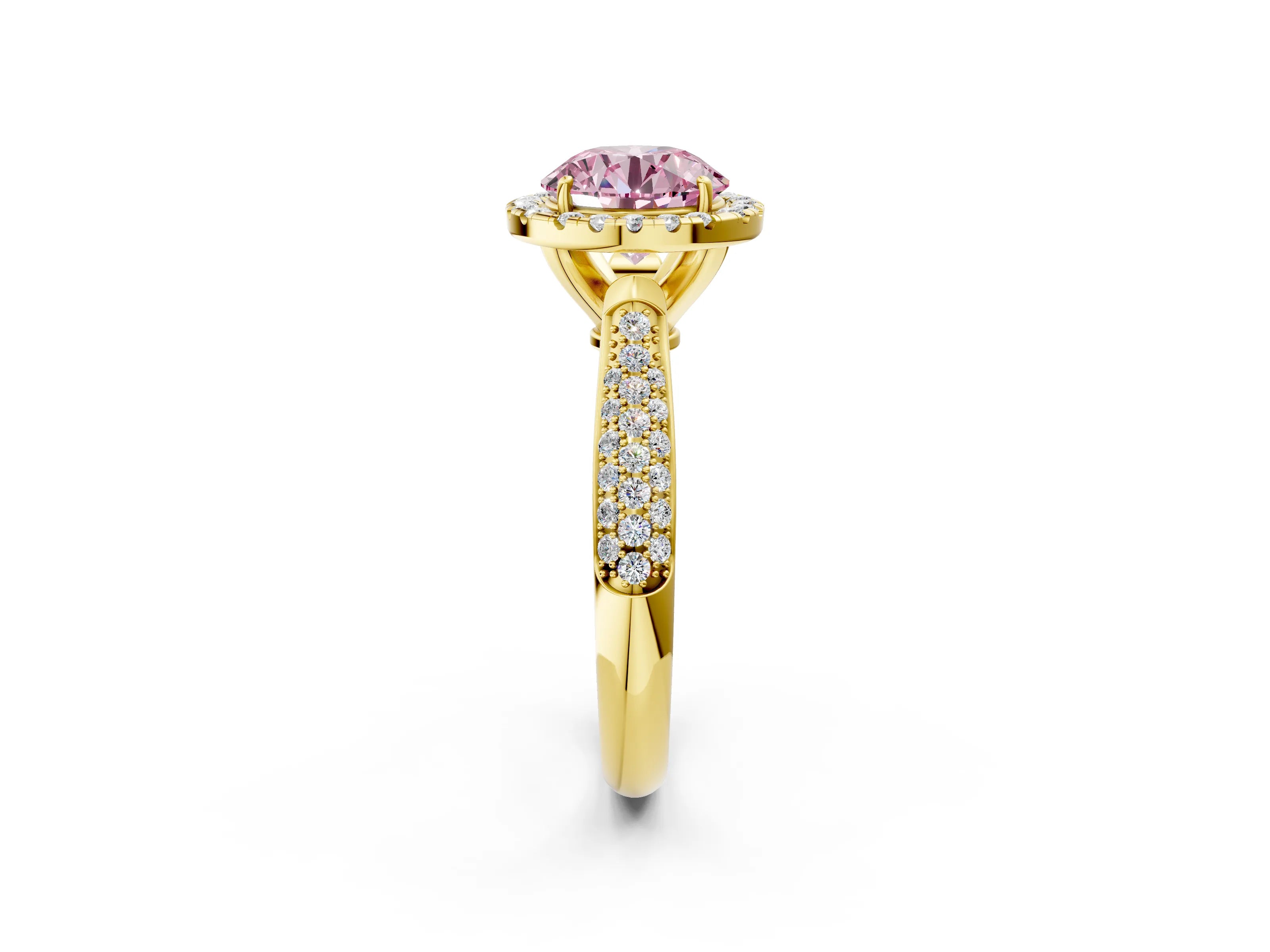 Yellow gold Fancy Pink Round Cut Halo Diamond Ring with Pavé Band_2
