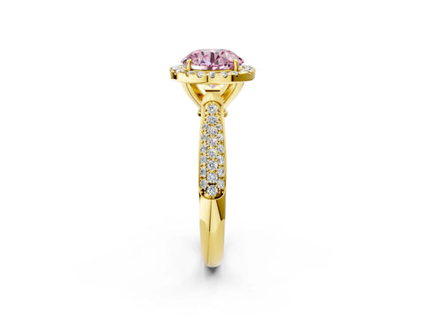 Yellow gold Fancy Pink Round Cut Halo Diamond Ring with Pavé Band_2