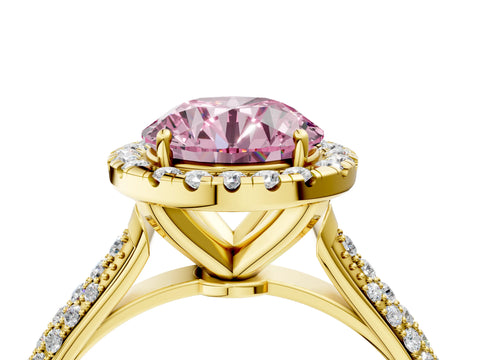 Yellow gold Fancy Pink Round Cut Halo Diamond Ring with Pavé Band_4