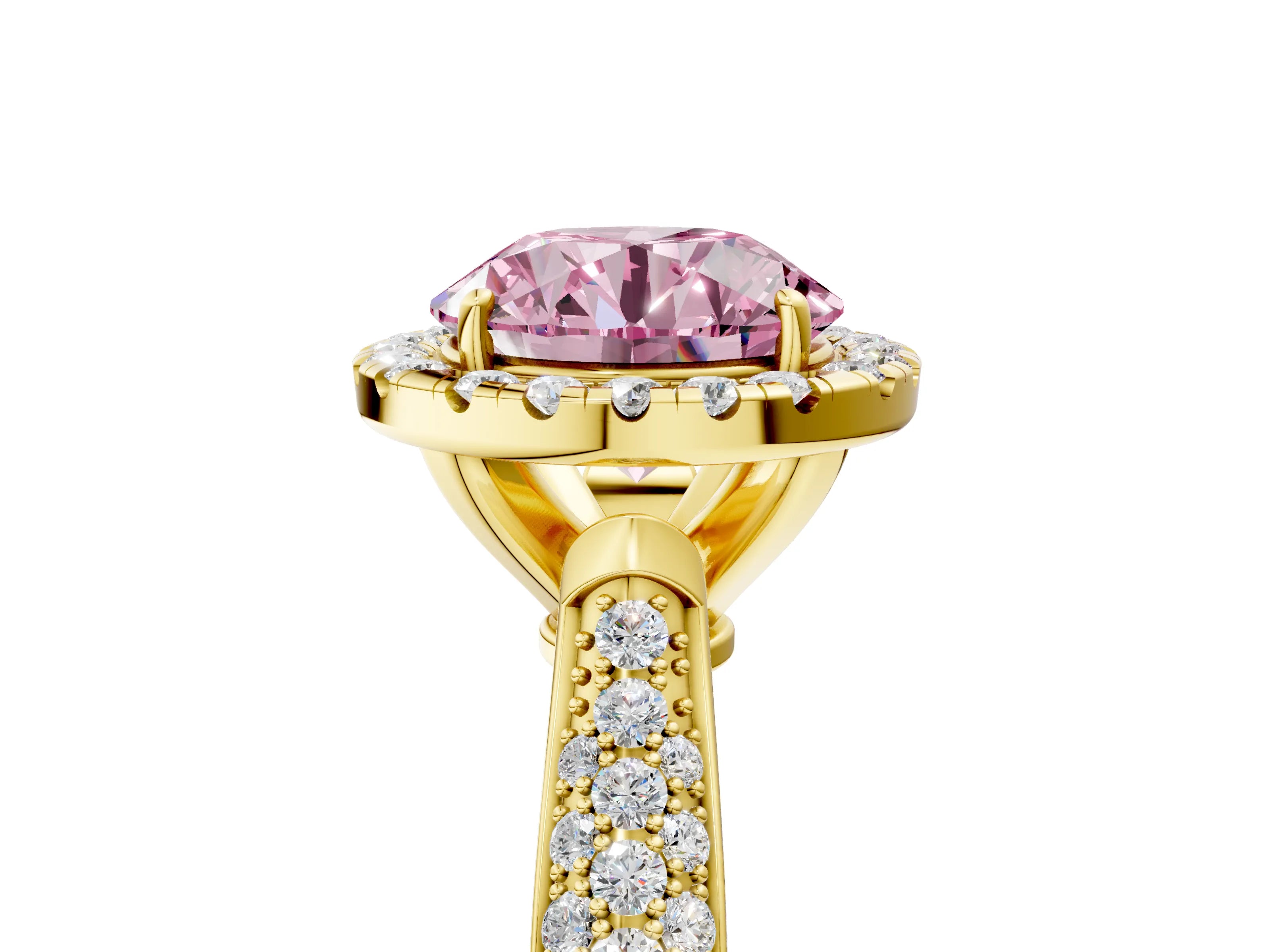 Yellow gold Fancy Pink Round Cut Halo Diamond Ring with Pavé Band_5