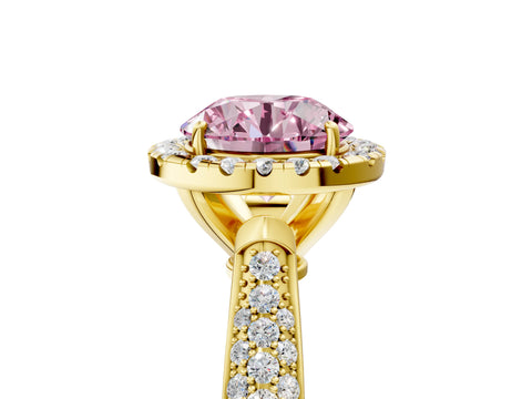 Yellow gold Fancy Pink Round Cut Halo Diamond Ring with Pavé Band_5