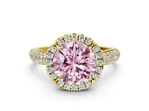 Yellow gold Fancy Pink Round Cut Halo Diamond Ring with Pavé Band