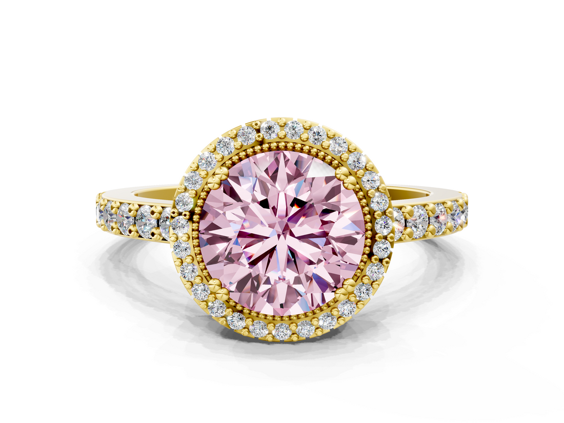 Yellow gold Fancy Pink Round  Cut Halo Diamond Ring with Pave Band and Four-Prong Setting