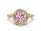 Yellow gold Fancy Pink Round  Cut Halo Diamond Ring with Pave Band and Four-Prong Setting