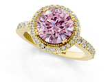 Yellow gold Fancy Pink Round  Cut Halo Diamond Ring with Pave Band and Four-Prong Setting_1