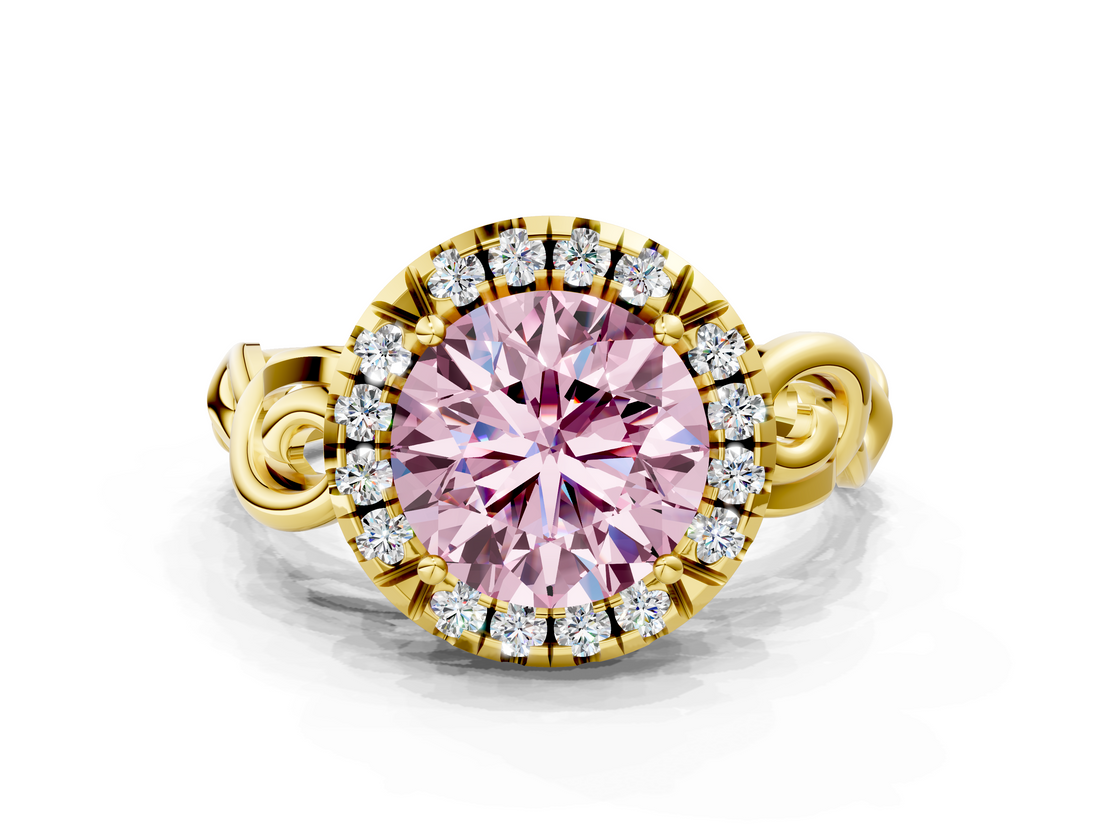 Yellow gold Fancy Pink Round  Cut Halo Diamond Ring with Scrollwork Band and Four-Prong Setting