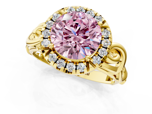 Yellow gold Fancy Pink Round  Cut Halo Diamond Ring with Scrollwork Band and Four-Prong Setting