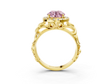 Yellow gold Fancy Pink Round  Cut Halo Diamond Ring with Scrollwork Band and Four-Prong Setting_3