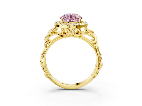 Yellow gold Fancy Pink Round  Cut Halo Diamond Ring with Scrollwork Band and Four-Prong Setting