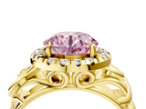 Yellow gold Fancy Pink Round  Cut Halo Diamond Ring with Scrollwork Band and Four-Prong Setting_4