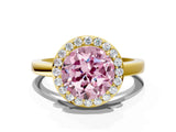 Yellow gold Fancy Pink Round Cut Halo Diamond Ring with Solitaire Band and Prong Setting