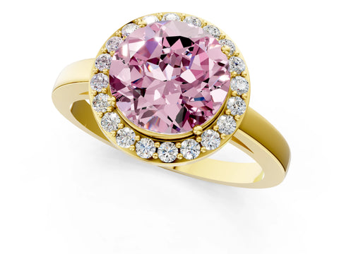 Yellow gold Fancy Pink Round Cut Halo Diamond Ring with Solitaire Band and Prong Setting_1