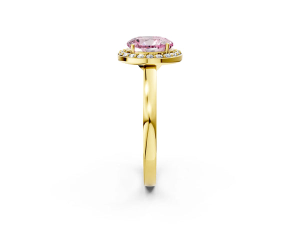 Yellow gold Fancy Pink Round Cut Halo Diamond Ring with Solitaire Band and Prong Setting