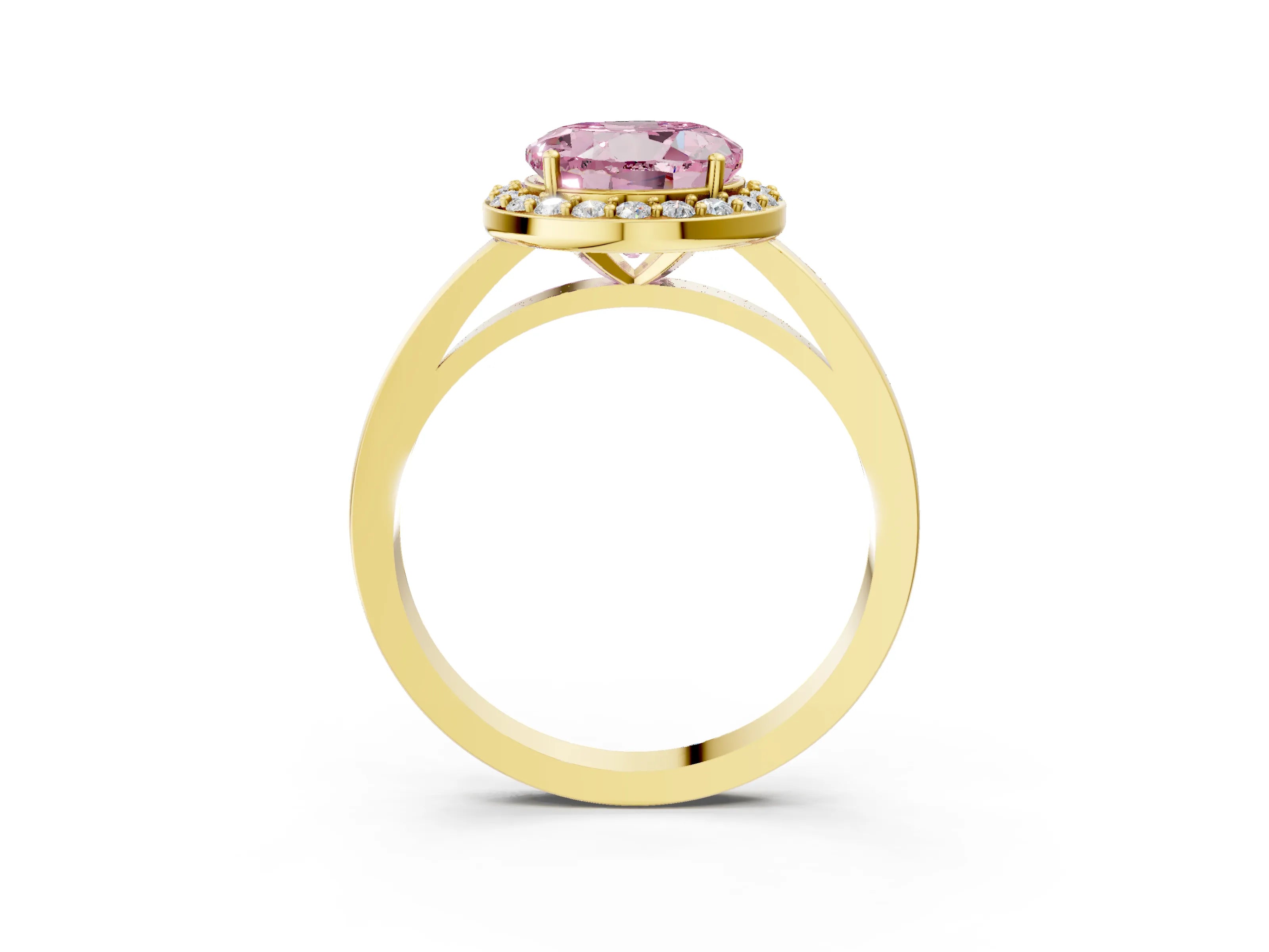 Yellow gold Fancy Pink Round Cut Halo Diamond Ring with Solitaire Band and Prong Setting_3