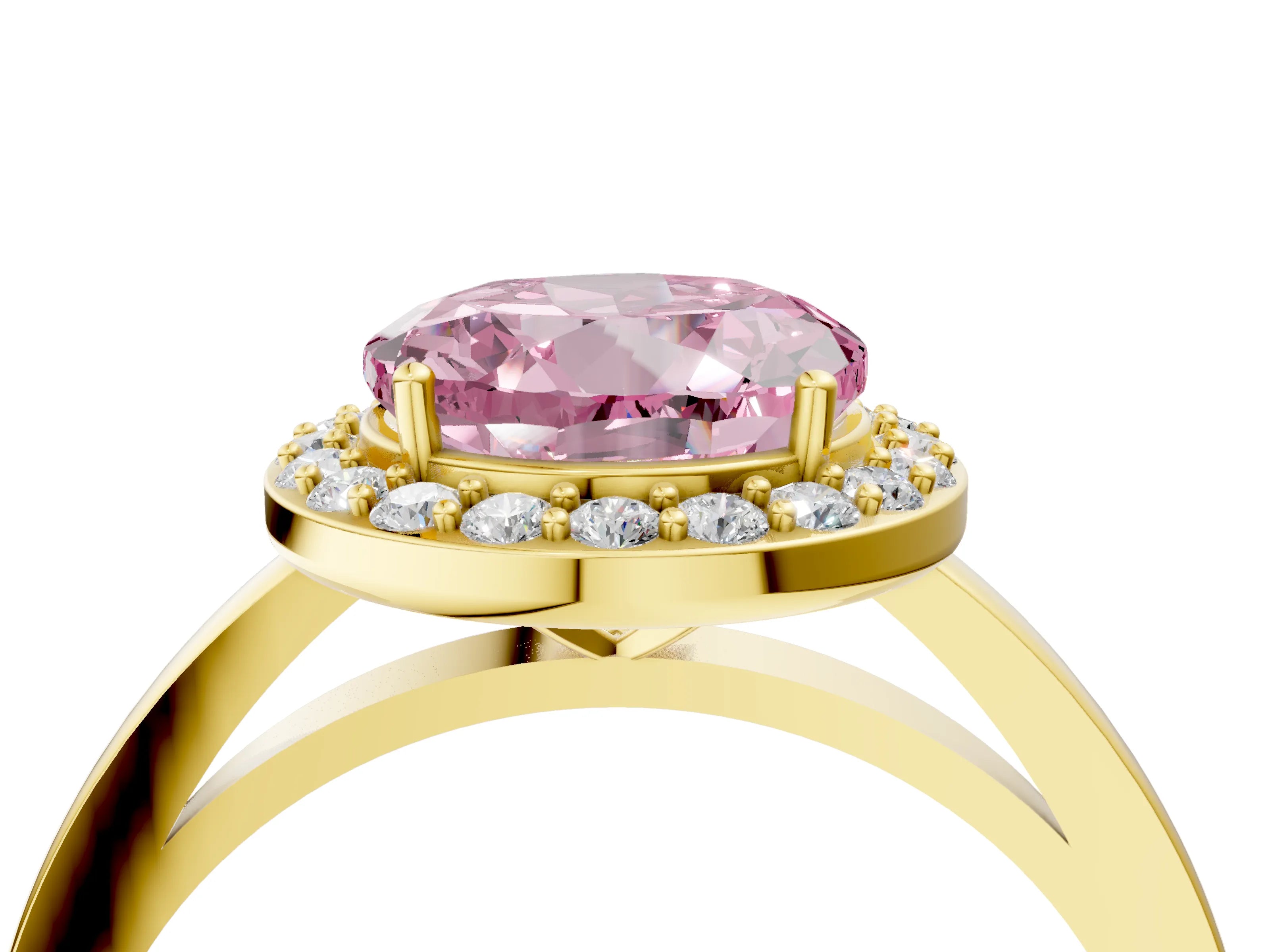 Yellow gold Fancy Pink Round Cut Halo Diamond Ring with Solitaire Band and Prong Setting_4