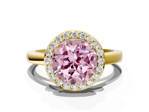 Yellow gold Fancy Pink Round Cut Halo Diamond Ring with Solitaire Band and Prong Setting