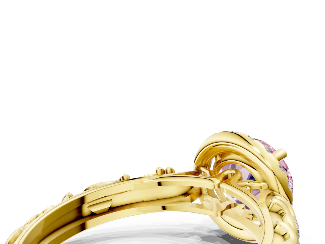 Yellow gold Fancy Pink Round Cut Halo Diamond Solitaire with Filigree Band and Four-Prong Setting