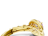 Yellow gold Fancy Pink Round Cut Halo Diamond Solitaire with Filigree Band and Four-Prong Setting